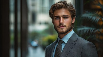 Fototapeta premium young professional man in tailored suit, exuding confidence and style, stands against modern urban backdrop. His well groomed appearance and sharp features reflect professionalism and ambition