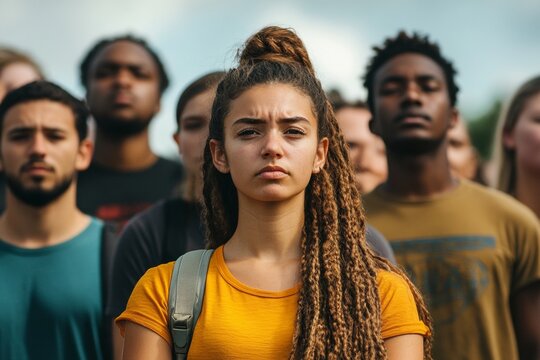 Young caucasian female with dreadlocks in a diverse group gathering outdoors