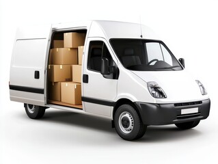 Naklejka premium Delivery Boxes Packed and service. White delivery van loaded with cardboard boxes ready for transport.