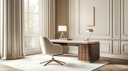 Elegant Home Office Desk With Modern Chair And Lamps