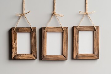 Decoratively arranged wooden frames hanging on a neutral wall inviting creativity and personal expression