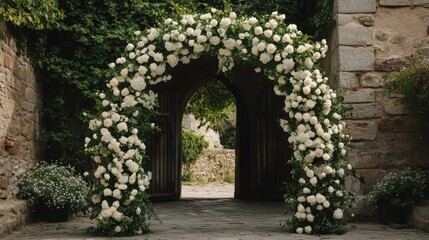 Fototapeta premium A stunning wedding arch completely covered in white roses and green vines, standing in a historic castle courtyard.
