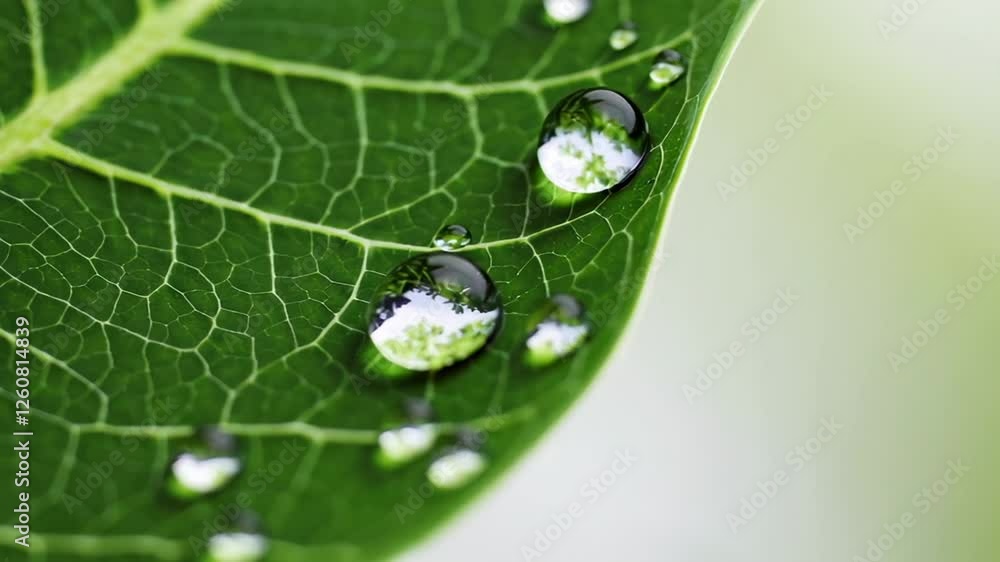 Poster water droplets reflect light on a vibrant green leaf, creating a mesmerizing display of nature's bea