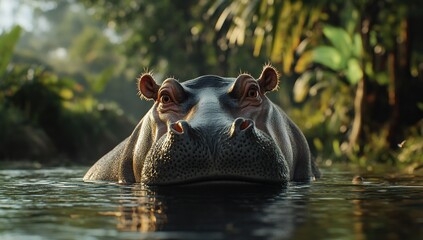 Fototapeta premium Majestic Hippopotamus in Tranquil River Setting