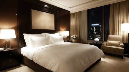A stylish, contemporary bedroom featuring a comfortable bed with luxurious white pillows and elegant decor.