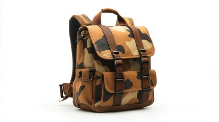 Fototapeta premium Camouflage backpack, studio shot, white background, fashion accessory