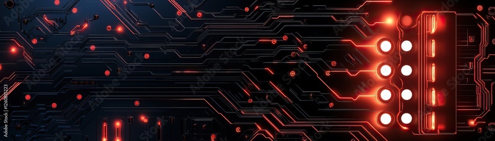 Poster a dark, digital background featuring intricate circuit patterns illuminated by glowing red and white