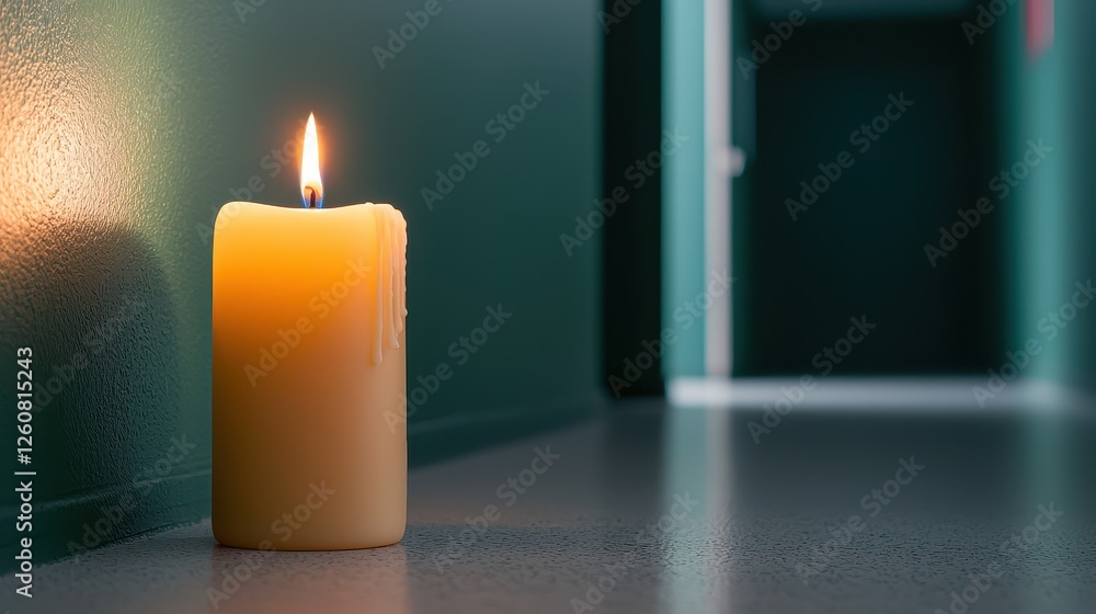 Poster fear of the dark concept, faint candlelight casting shadows in an empty hallway creating an atmosphe