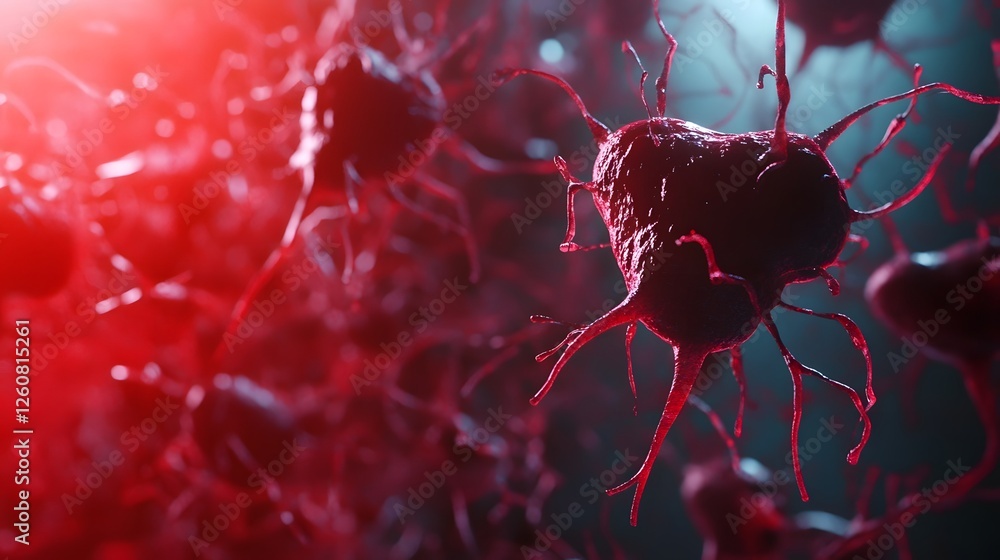 Poster closeup of a single red nerve cell with intricate branching dendrites and axon in a futuristic micro