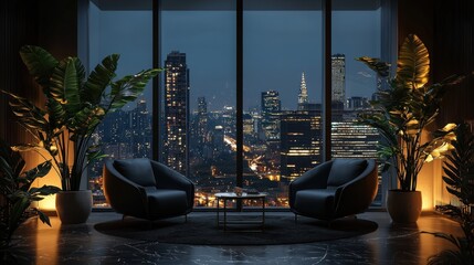 Room with two black chairs and a table in front of a window with a city view