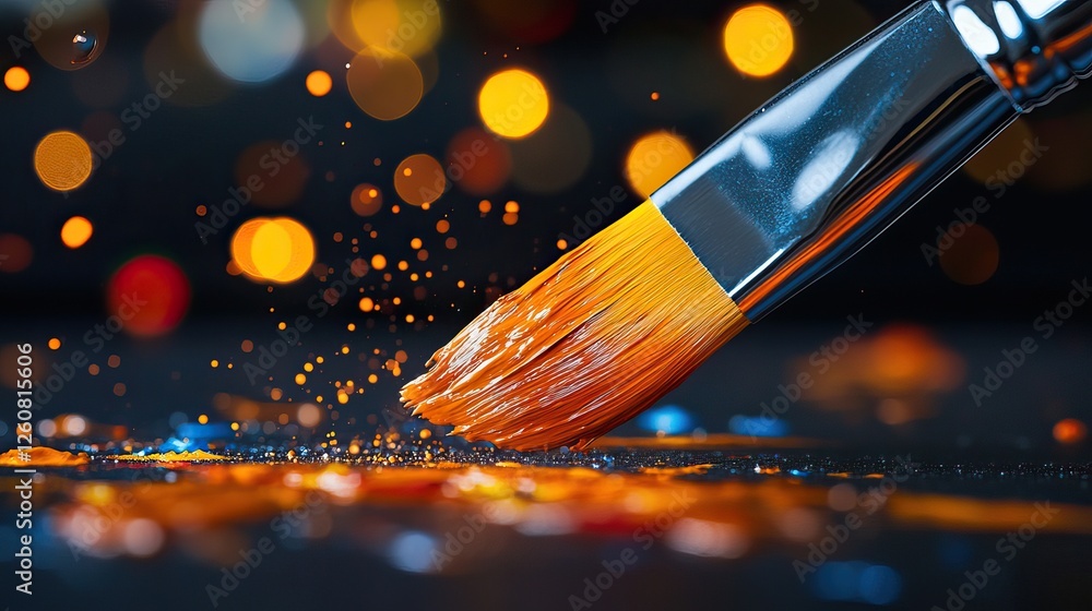 Poster a close-up of a paintbrush applying orange paint, with vibrant splashes and colorful bokeh effects i
