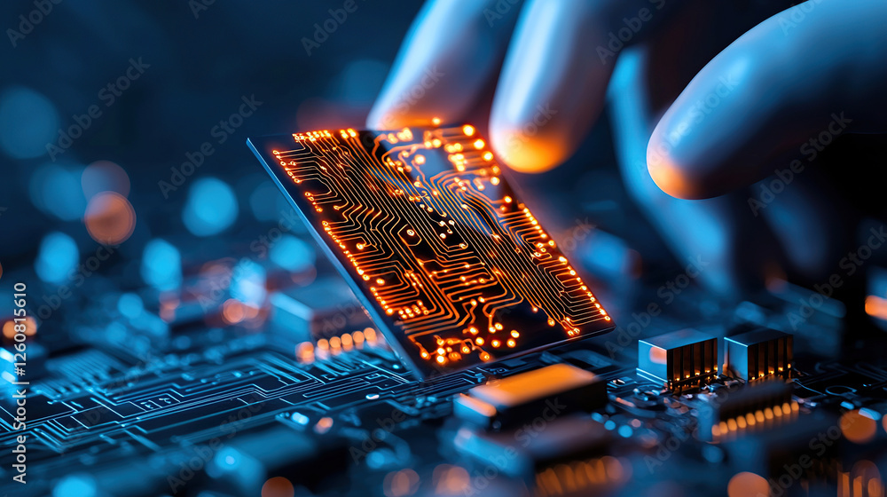 Poster microchip installation on circuit board with advanced processor technology, intricate technology