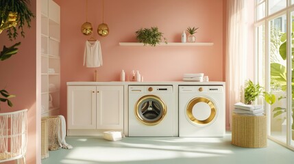 A trendy laundry space with pastel-colored walls, stylish gold accents, and a modern washer and dryer set.