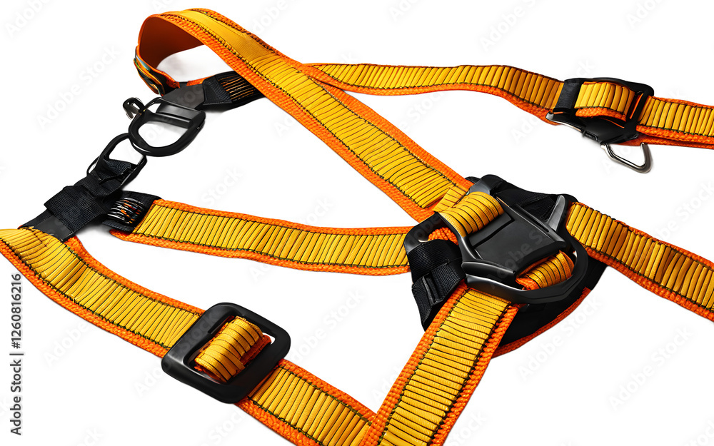 Poster a construction worker’s safety harness with sturdy straps, isolated on a empty plain background