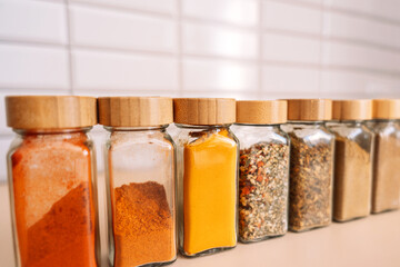 Set of glass jars for spices.