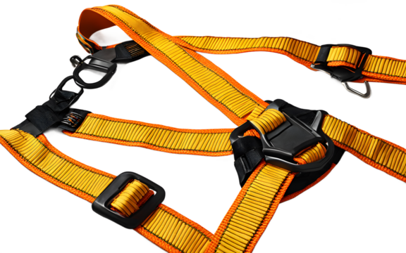 A construction worker’s safety harness with sturdy straps, isolated on a empty plain background