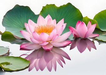 Pink lotus flowers in different blooming stages delicate aquatic plants on white light background