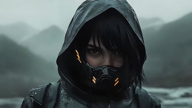 A science fiction character standing in rain