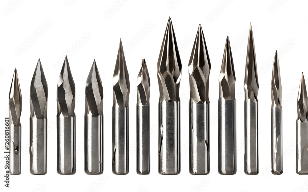 Poster A set of sharpened drill bits in various sizes, isolated on a empty plain background