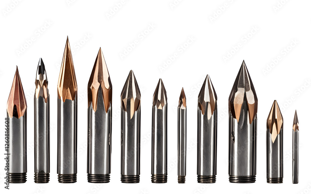 Poster A set of sharpened drill bits in various sizes, isolated on a empty plain background