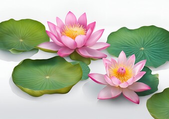 Pink lotus flowers in different blooming stages delicate aquatic plants on white light background