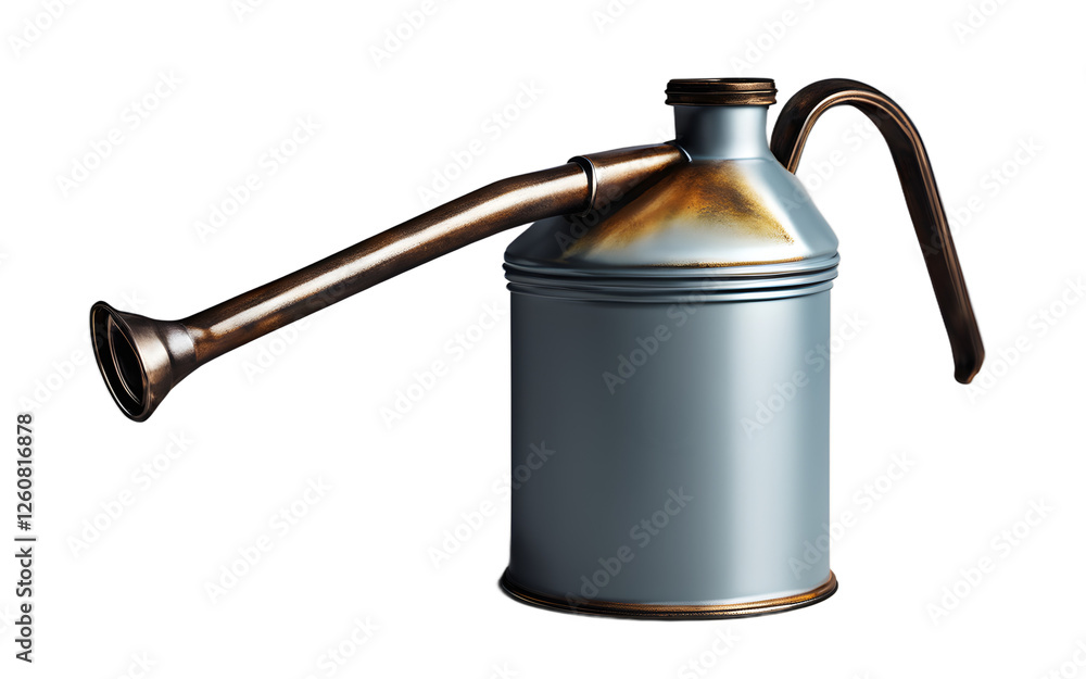 Poster a small oil can with a long spout, isolated on a empty plain background