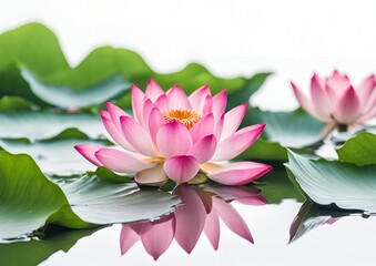 Pink lotus flowers in different blooming stages delicate aquatic plants on white light background