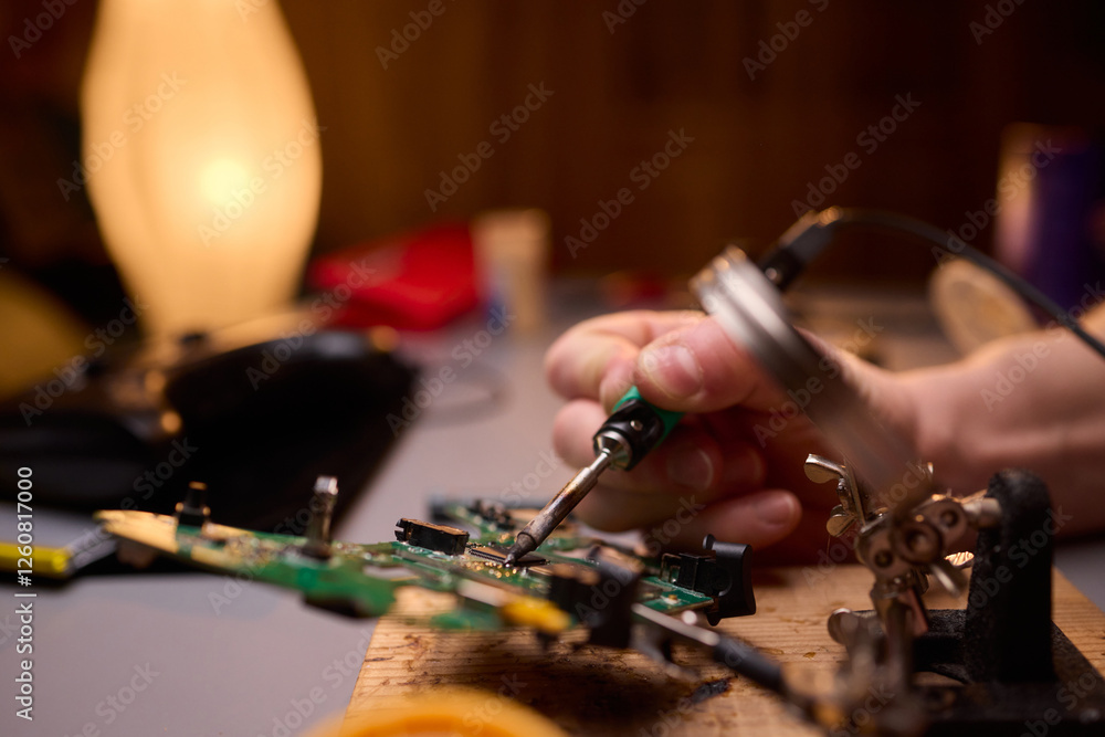 Poster hands carefully repairing a circuit board with a soldering tool for electronics projects