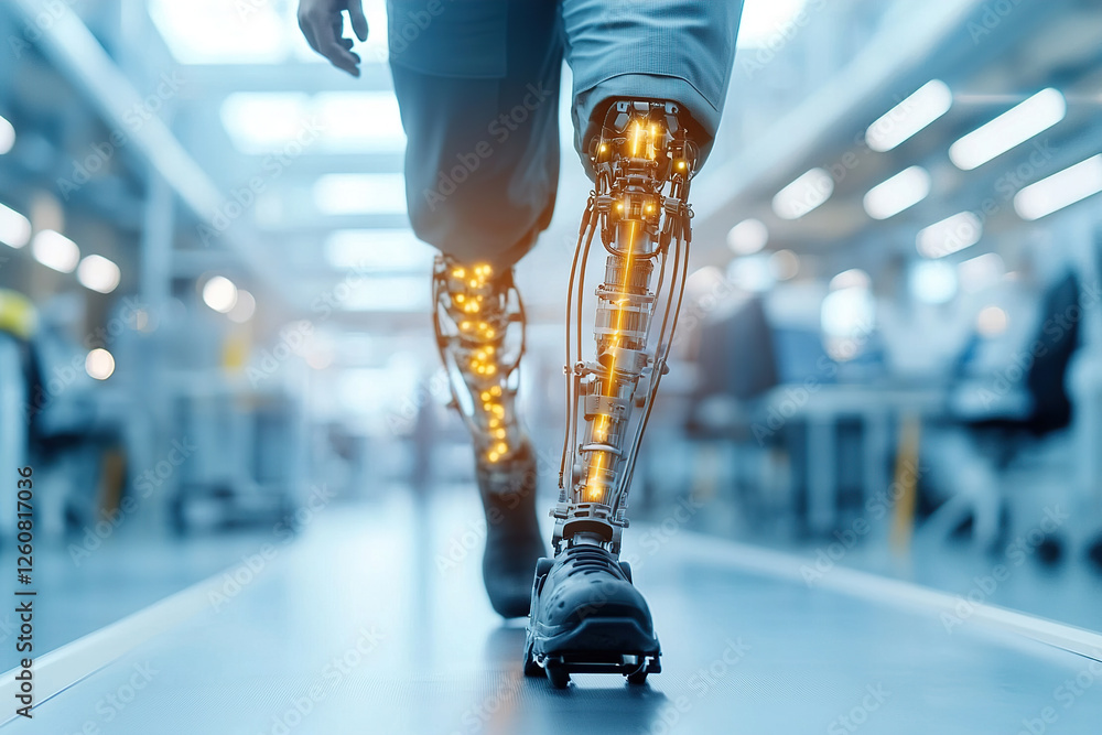 Poster futuristic bionic legs with robotic prosthetics powered by artificial intelligence in a high-tech en