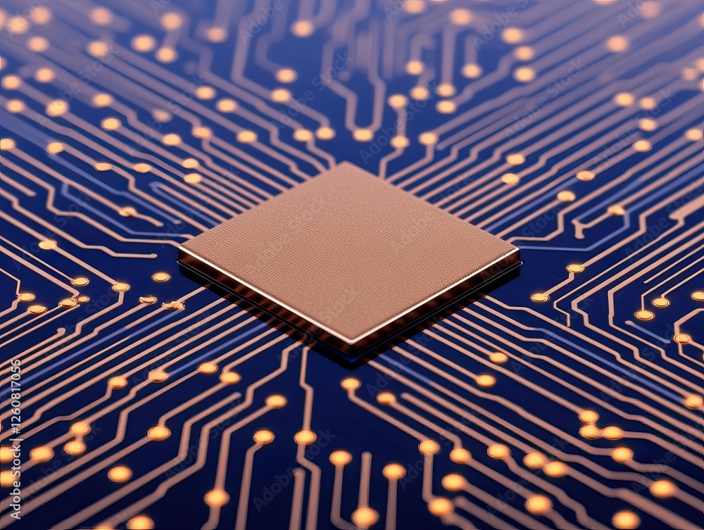 Poster a close-up of a microchip on a circuit board, showcasing intricate connections and a sleek design, s