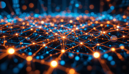 Abstract 3D render of a glowing neural network with interconnected orange and blue light points on a dark background, depicting data flow and digital communication.