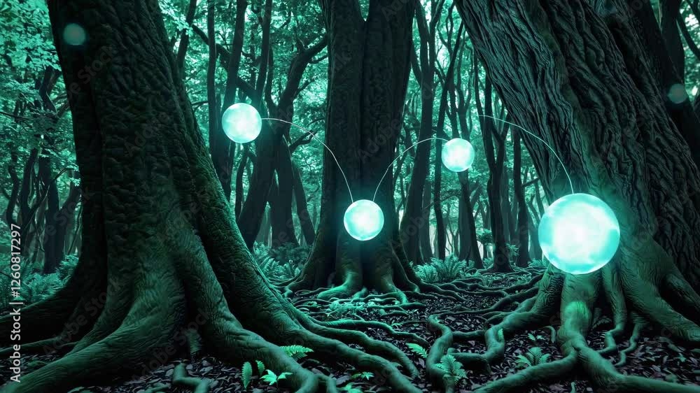 Poster Intriguing glowing orbs illuminate a mysterious forest path at twilight