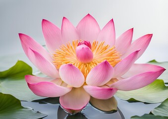 Pink lotus flowers in different blooming stages delicate aquatic plants on white light background