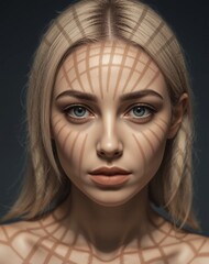  portrait of a blonde woman with striking spiral shadows projected onto her face, creating a hypnotic and surreal visual effect