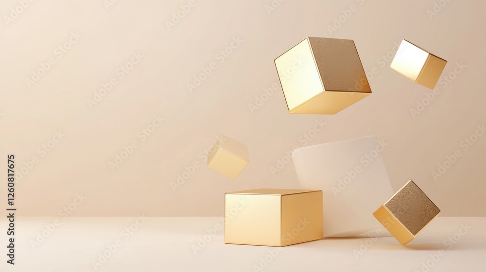 Poster luxurious golden geometric shapes floating on a soft gradient background, leaving ample space for te