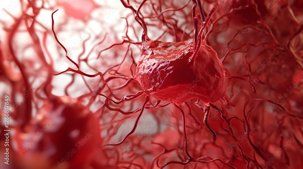 Poster closeup view of a captivating abstract pattern composed of intricate vibrant red cellular microstruc