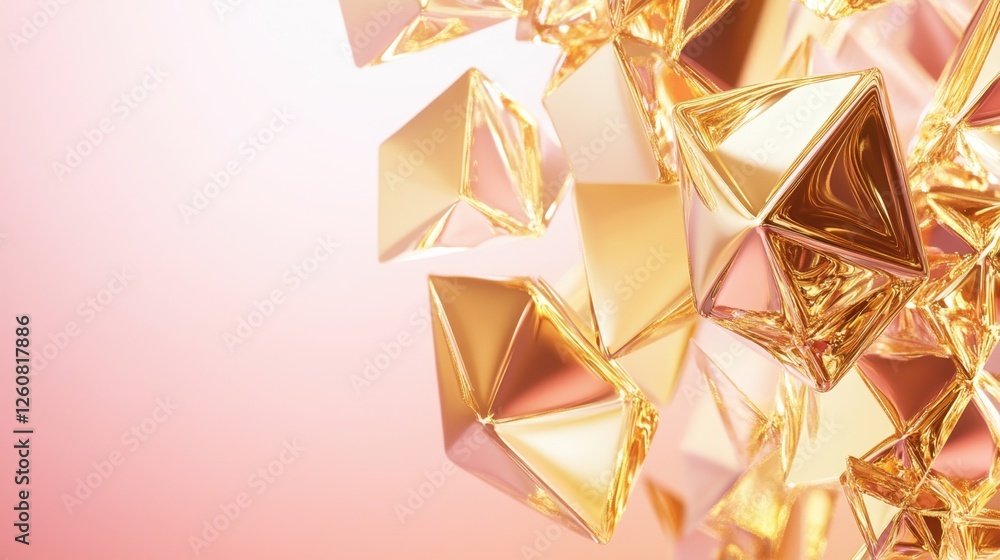 Poster luxurious golden geometric shapes floating on a soft gradient background, leaving ample space for te
