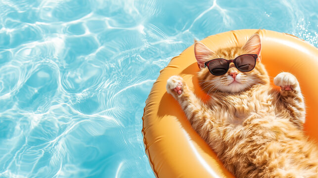 A cat wearing sunglasses on an orange inflatable ring, relaxing in the pool.