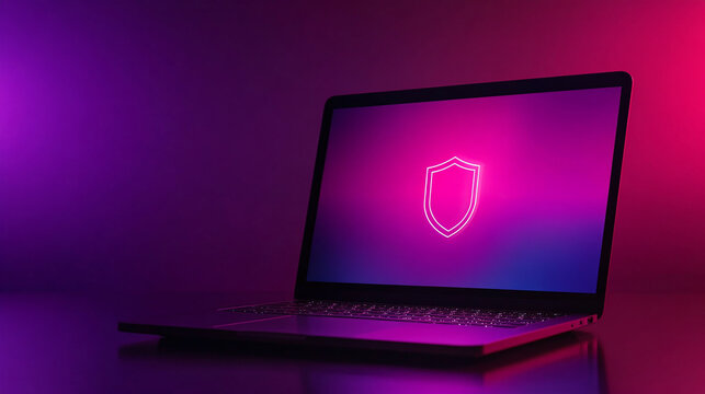 Laptop with security shield on screen, purple background copy space for text, data security and protection concept. - Powered by Adobe