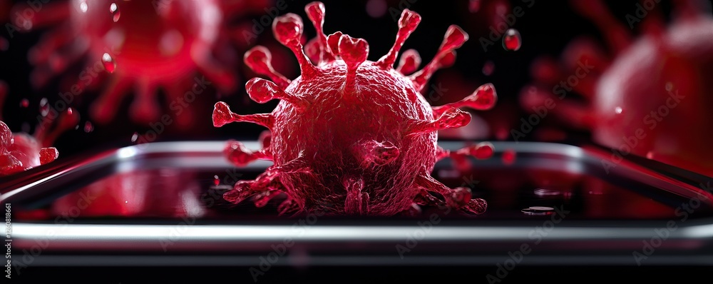 Poster a close-up view of a smartphone with a red virus model displayed on its screen, symbolizing health a