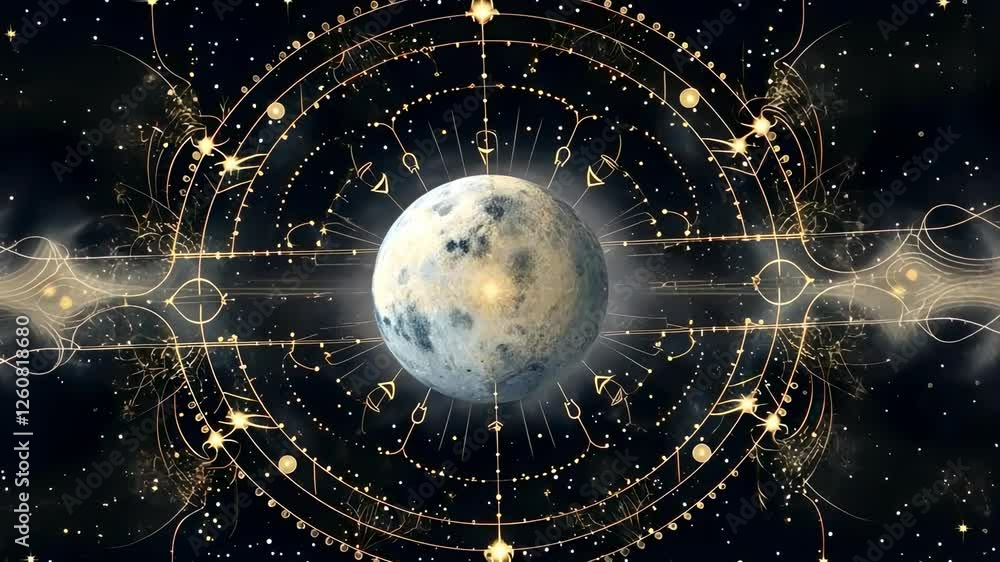 Poster a cosmic-themed video features a top-down view of a planet surrounded by intricate, glowing geometri