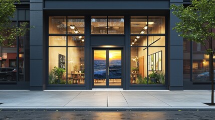Large black building with a large window and a view of the ocean