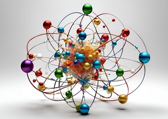 Scientific atom models with colorful electron orbits for physics and chemistry on white light background