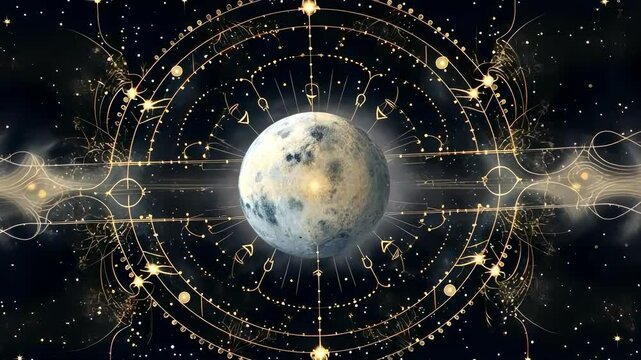 A cosmic-themed video features a top-down view of a planet surrounded by intricate, glowing geometric patterns, creating a mystical, celestial atmosphere.