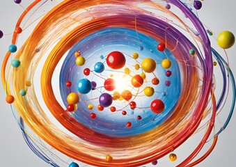 Scientific atom models with colorful electron orbits for physics and chemistry on white light background