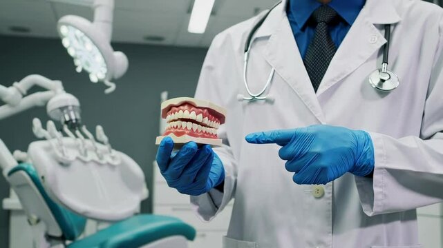 Medical professional wearing blue protective gloves and white coat pointing at anatomical human jaw model during educational demonstration in modern dental clinic setting