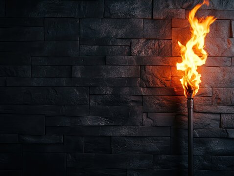 A flaming torch illuminates a dark, textured stone wall, creating a dramatic contrast of light and shadow.