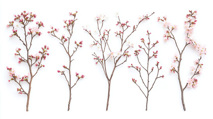 Fototapeta premium Set of budding cherry blossom branches isolated on white background.