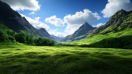 Obraz premium Vibrant Green Valley with Lush Grass Mountains and a Blue Cloudy Sky