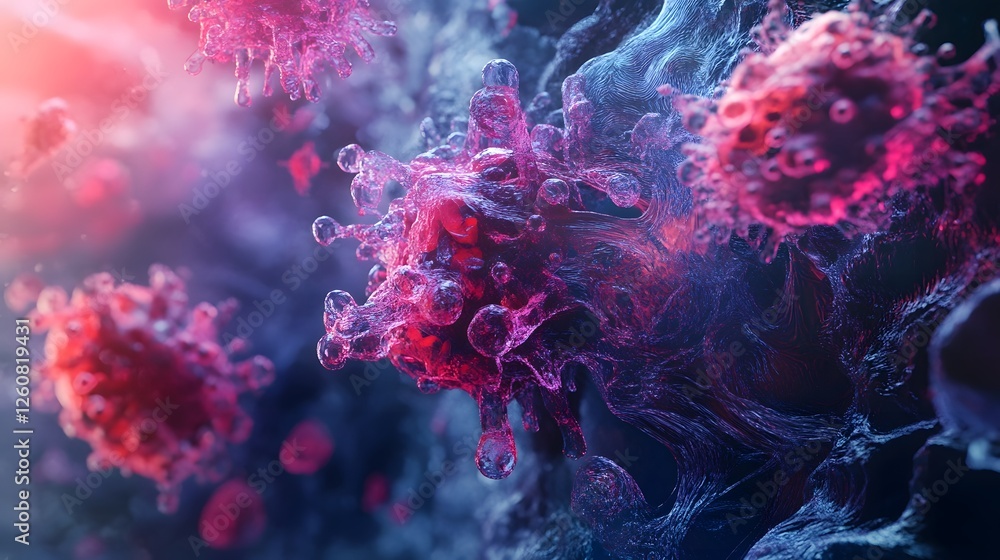 Poster closeup view of colorful and vibrant microscopic virus cells or bacteria with abstract and futuristi